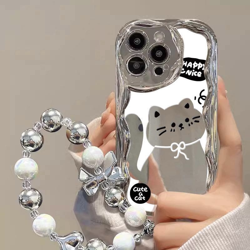 قاب موبایل آیفون silver cat ایینه ای همراه با اویز دستی