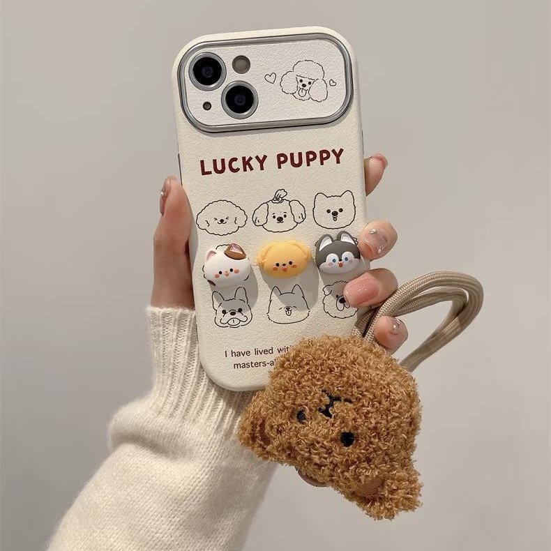 کاور گوشی آیفون Lucky Puppy عروسک برجسته + بند آویز