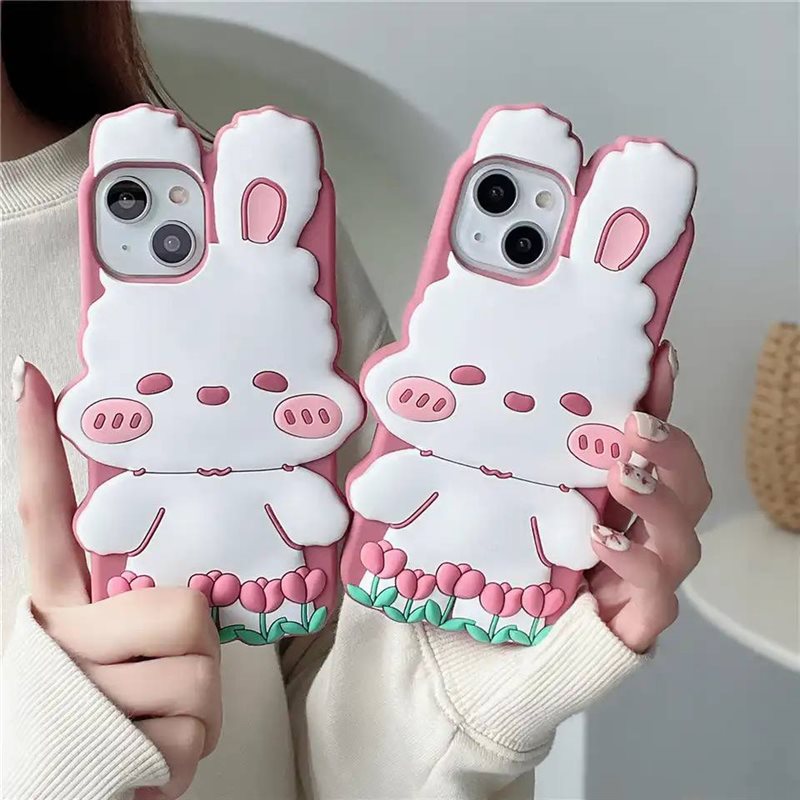 قاب گوشی آیفون سیلیکونی خرگوش لاله ای برجسته‌