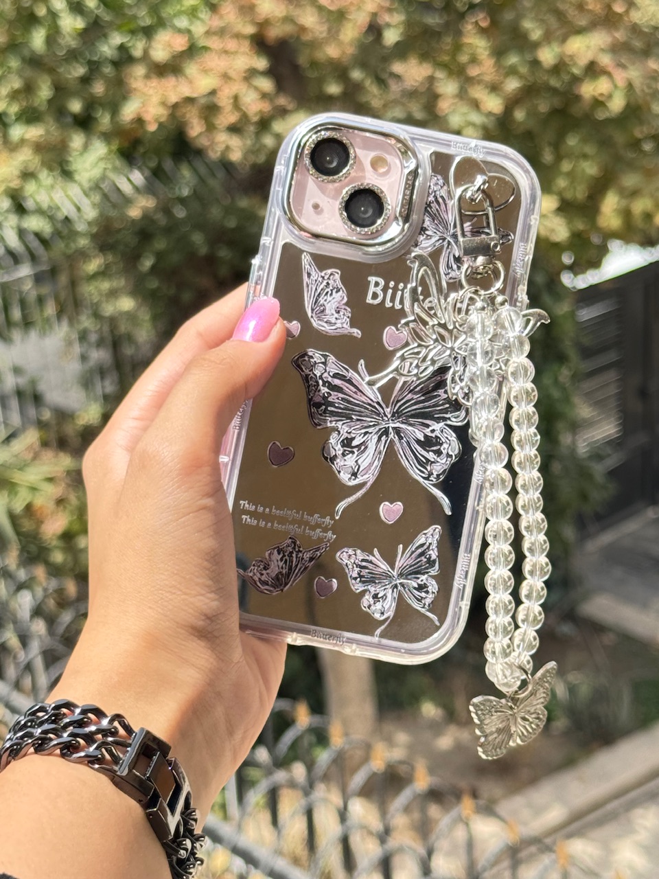 قاب موبایل آیفون butterfly آینه ای با محافظ لنز رینگی و آویز چسبی