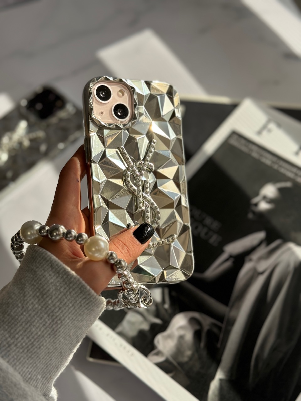 قاب آیفون Silver YSL با آویز