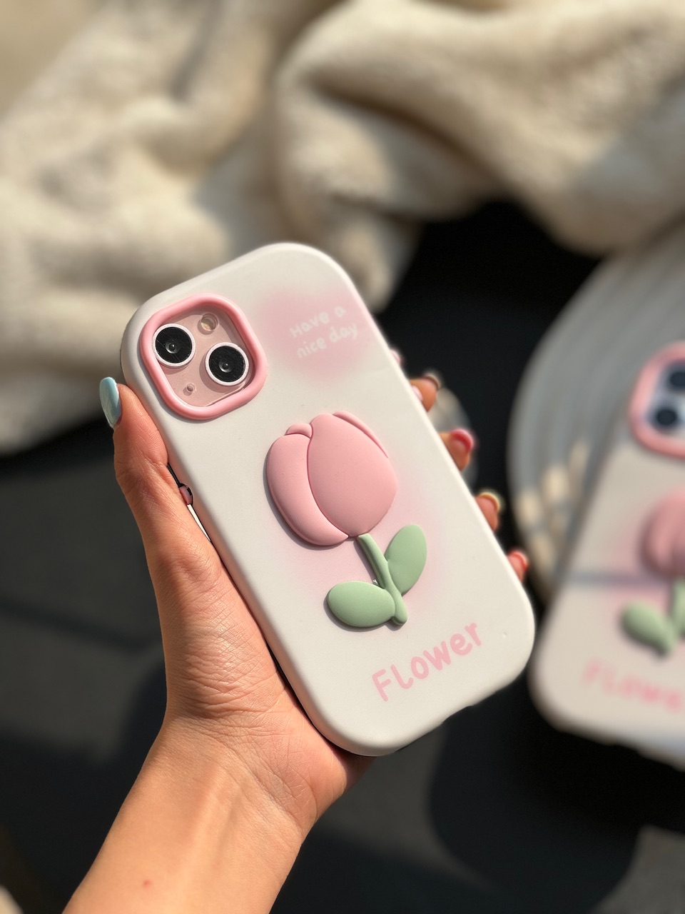 قاب گوشی آیفون گل لاله صورتی برجسته